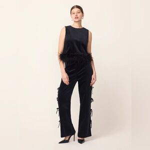 KITRI Women's Rosamund Velvet Trouser with Satin Ties on Outer Edge in Black.